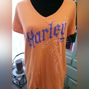 Nice Women's Harley Davidson Orange V-Neck T-Shirt Size Large